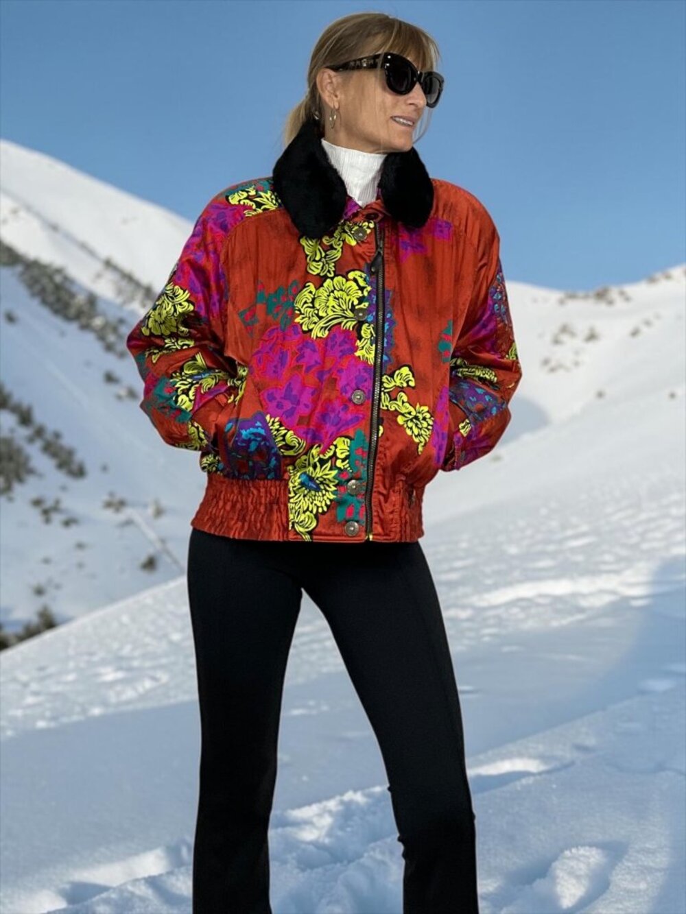 Obermeyer Vintage Ski Jacket 6 Rust Floral Faux Fur Collar Cropped
